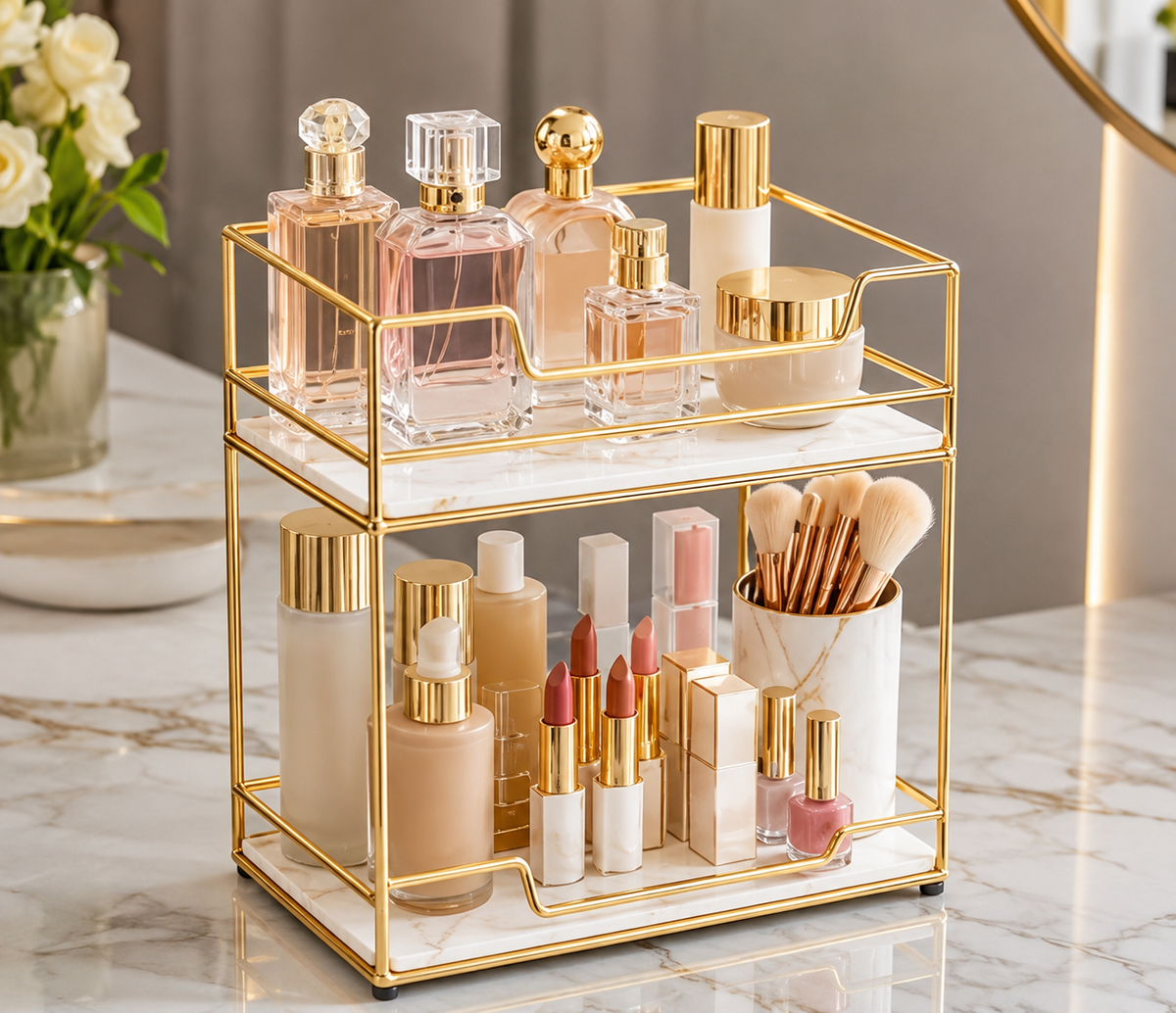 Luxury 2 Tier Gold Cosmetic Organizer Tray