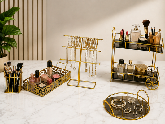 Deal No 5 Luxury Gold Vanity Organizer – 5 Pcs Makeup & Jewelry Storage Set