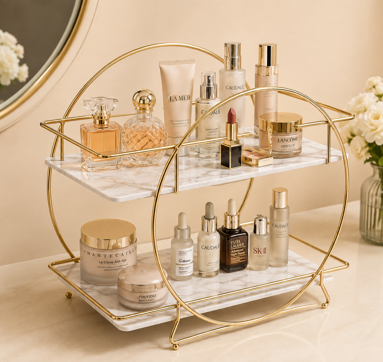 Luxury 2-Tier Gold Makeup & Skincare Organizer Rack for Bathroom Countertop