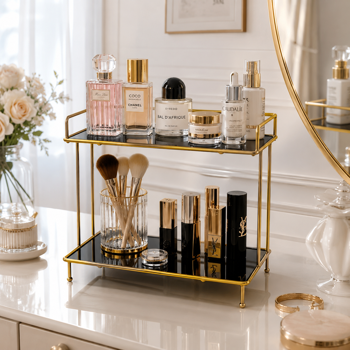 Luxury 2-Tier Gold Cosmetic Organizer Stand