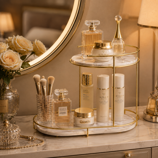 Luxury 2-Tier Golden Marble Cosmetic Organizer Stand