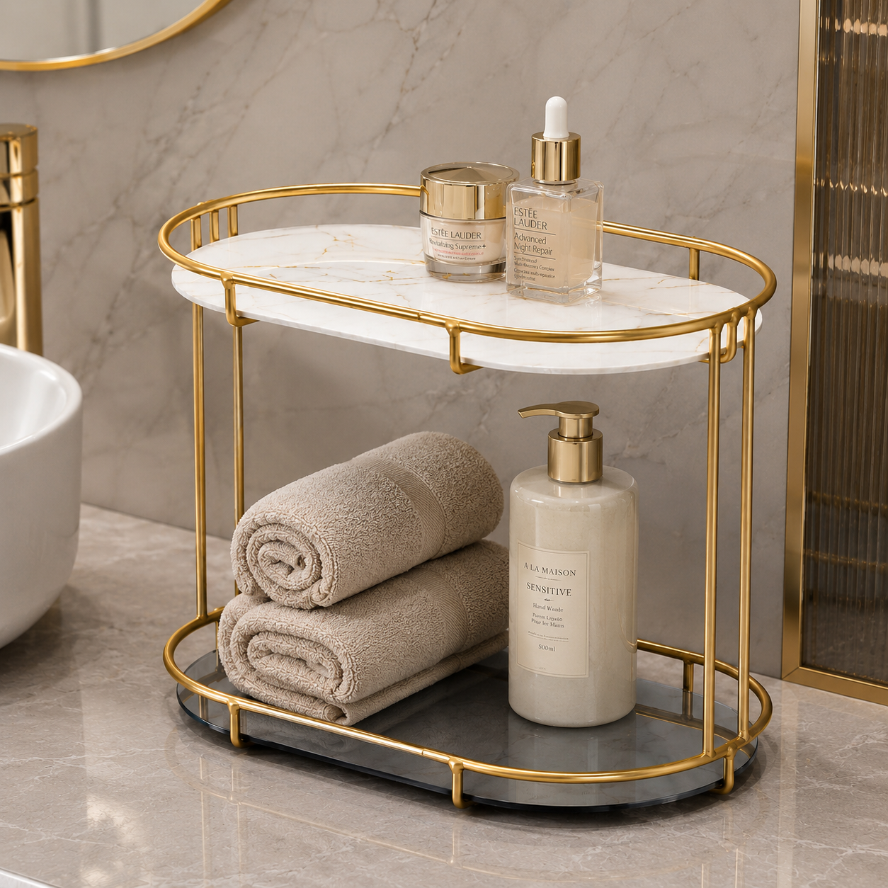 Luxury 2 Tier Golden Bathroom & Cosmetic Organizer Stand
