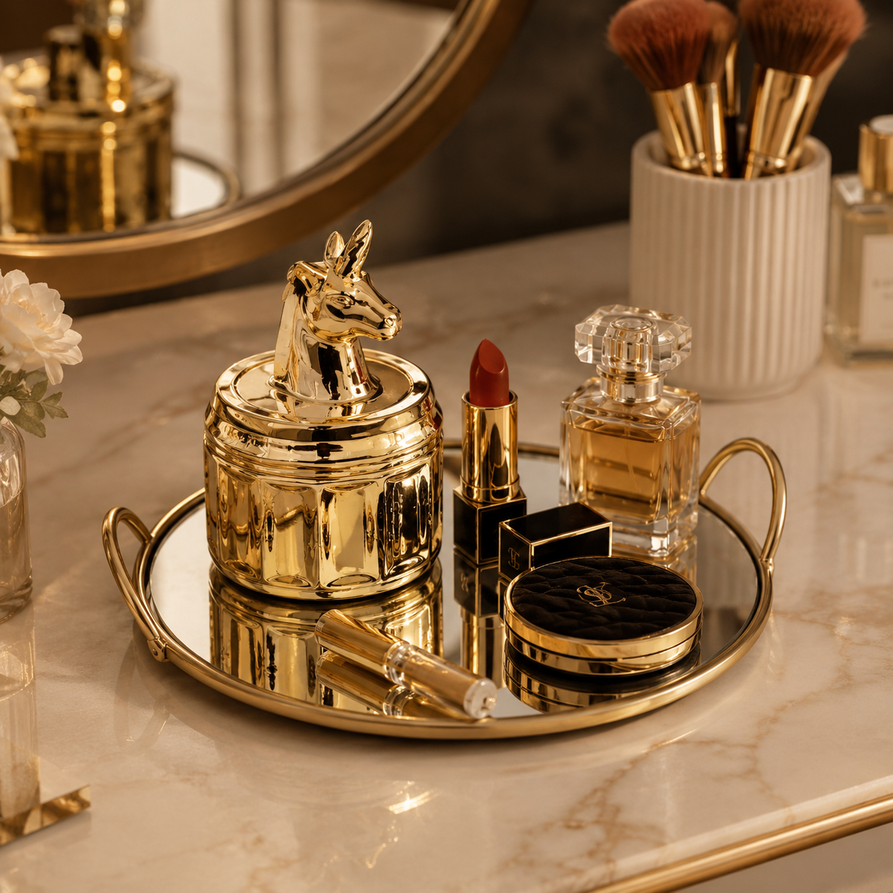 Single Makeup Organizer Round Mirror Tray – Elegant Vanity Storage & Display Tray