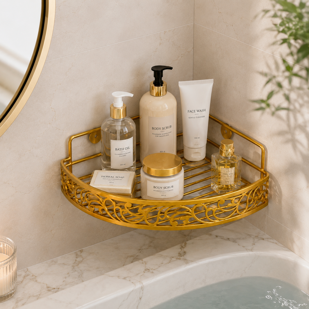 Luxury Golden Wall Mounted Corner Bathroom Organizer Shelf