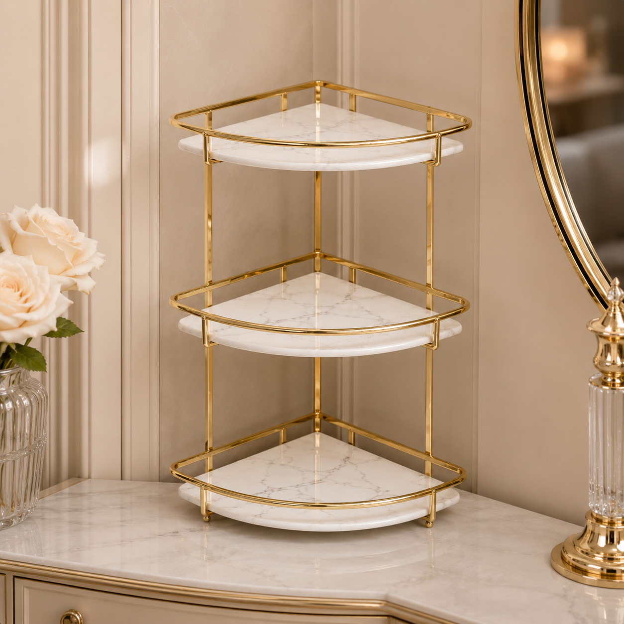 Luxury 3 Tier Golden Corner Organizer Rack – Bathroom & Vanity Storage Shelf