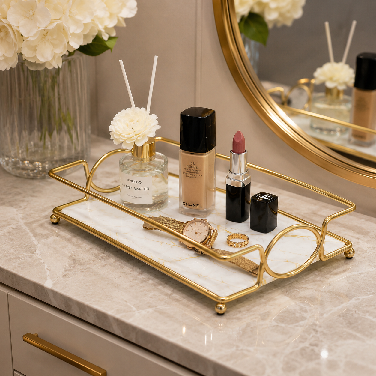 Luxury Golden Marble Vanity Tray – Cosmetic & Perfume Organizer