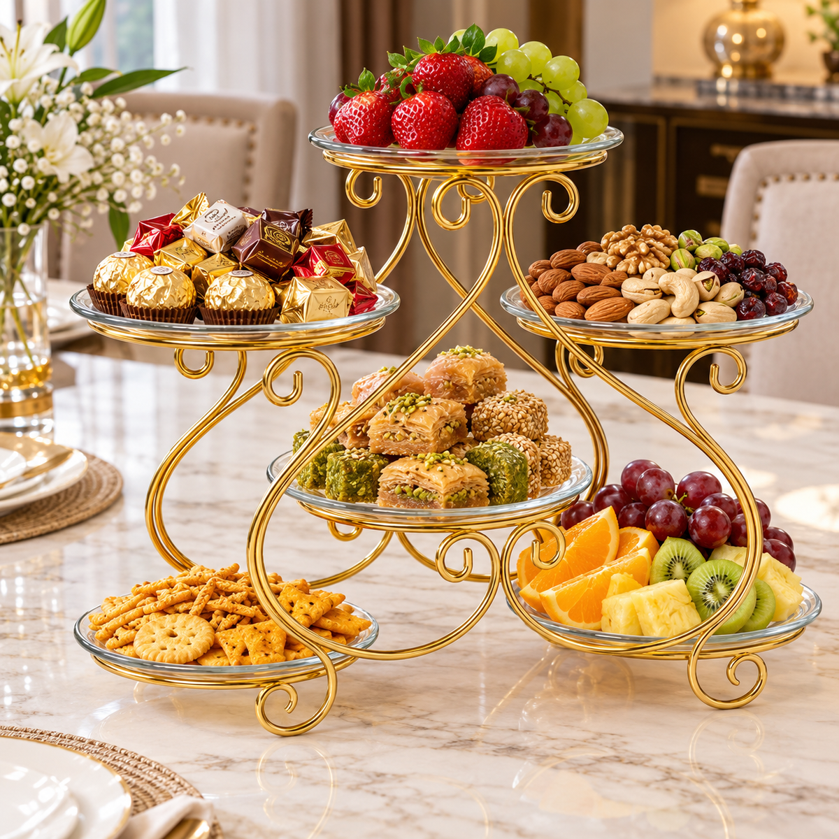 (Without Plates) Luxury Golden 6-Tier Serving Stand – Elegant Metal Display Rack