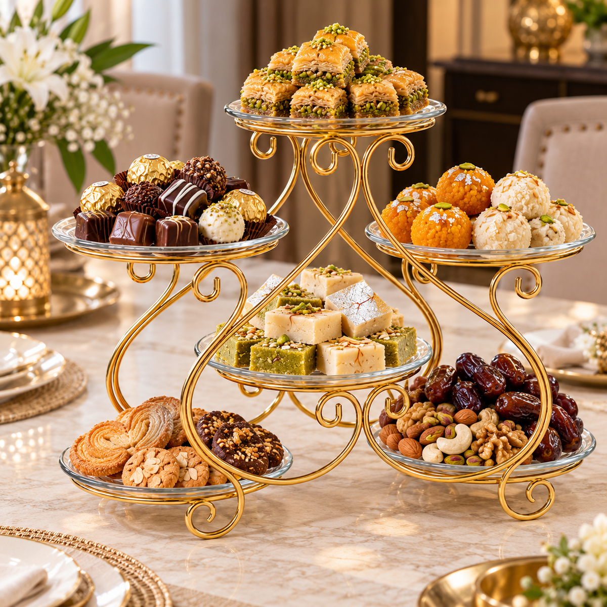 (Without Plates) Luxury Golden 6-Tier Serving Stand – Elegant Metal Display Rack