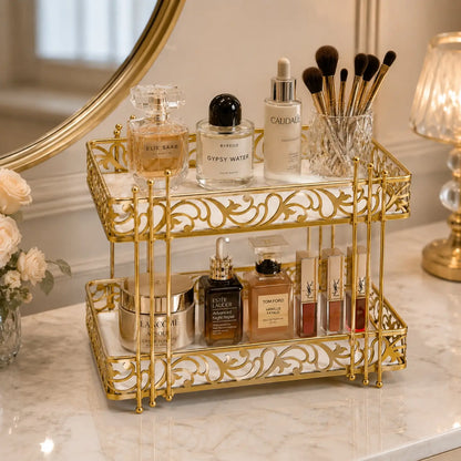 Luxury 2-Tier Gold Cosmetic Organizer Tray – White & Black Marble Design