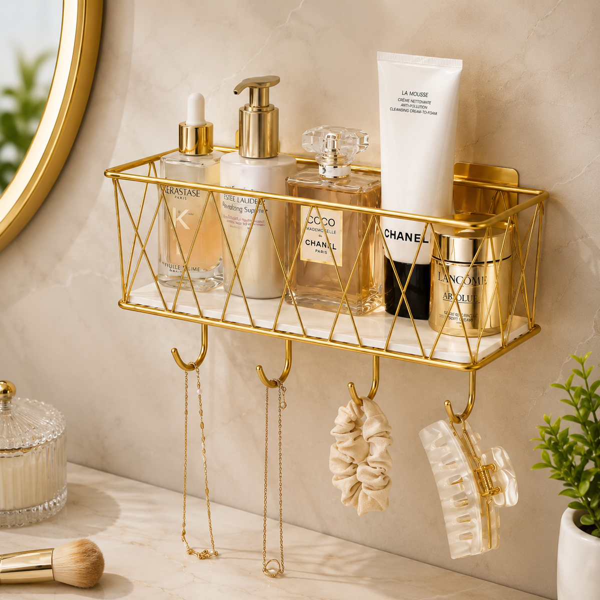 Luxury Gold Wall Mounted Cosmetic Organizer Shelf with Hooks