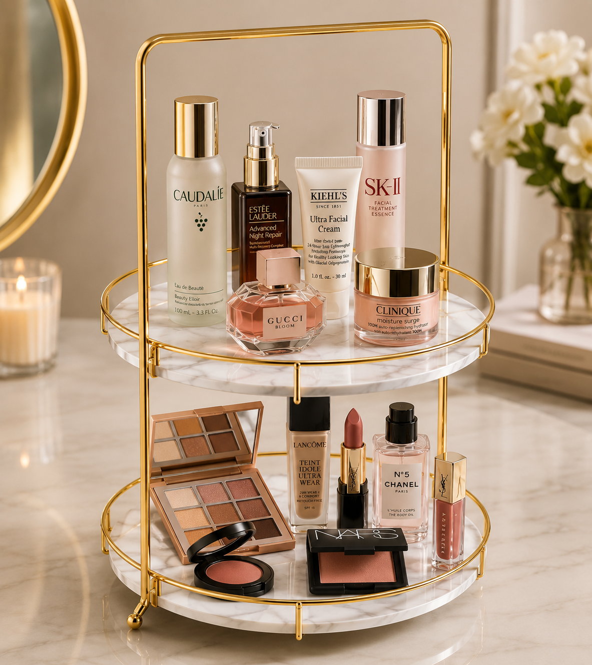 Luxury 2 Tier Black Marble Cosmetic Organizer Tray with Golden Stand