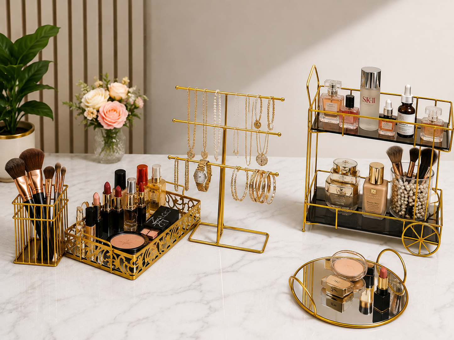Deal No 5 Luxury Gold Vanity Organizer – 5 Pcs Makeup & Jewelry Storage Set