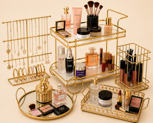 Deal No 5 Luxury Gold Vanity Organizer – 5 Pcs Makeup & Jewelry Storage Set