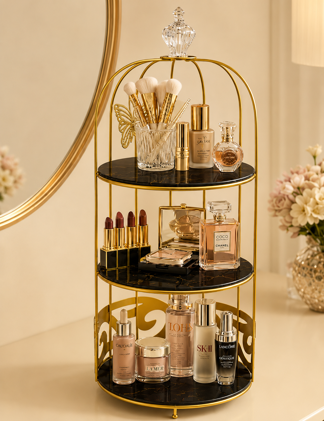 3 Layers Cage Cosmetics Storage Organizer – Multi-Tier Makeup & Skincare Storage Rack for Vanity, Bathroom & Dressing Table