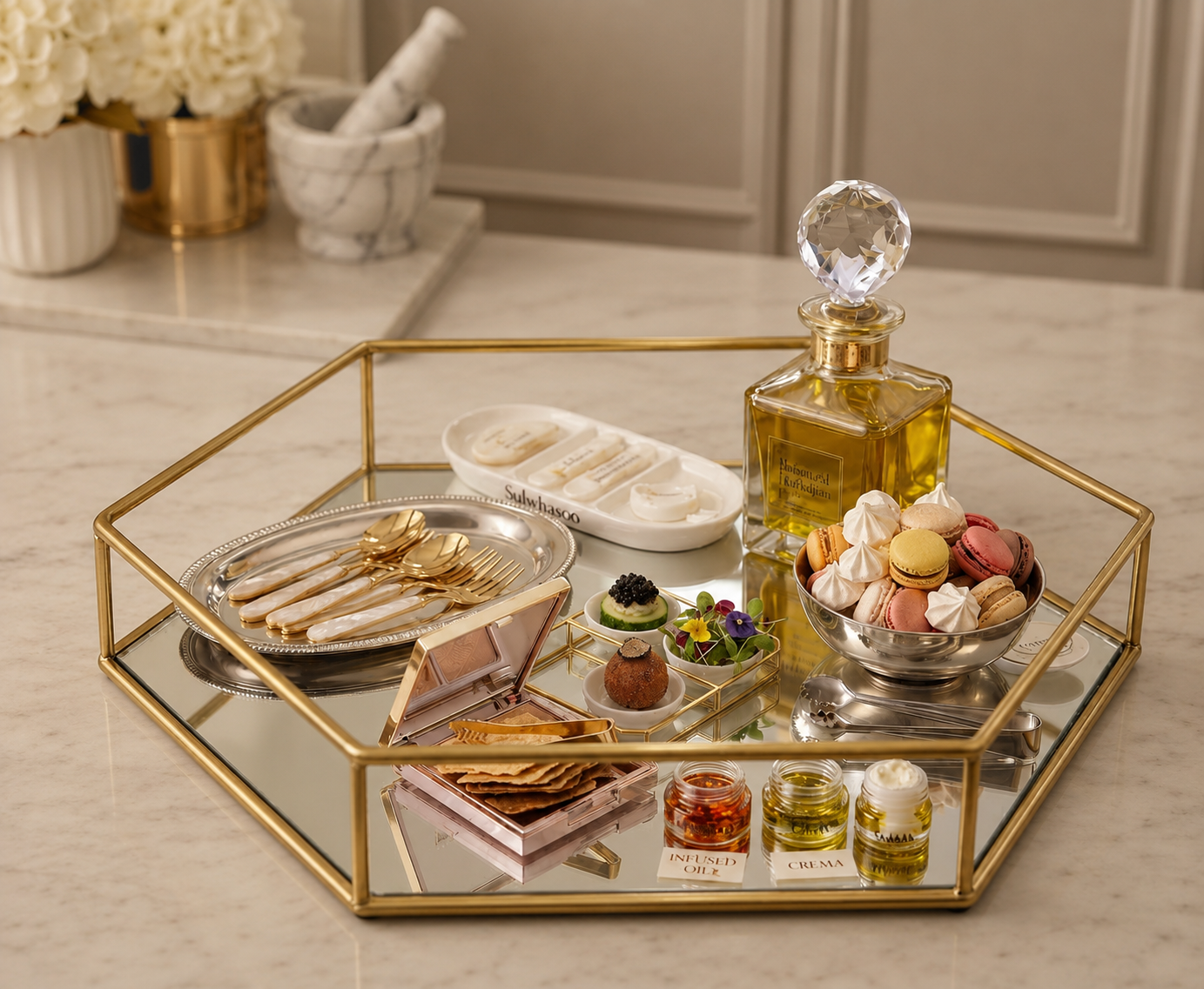 Hexagonal Cosmetics & Serving Mirror Tray – Luxury Vanity Organizer & Decorative Display Tray