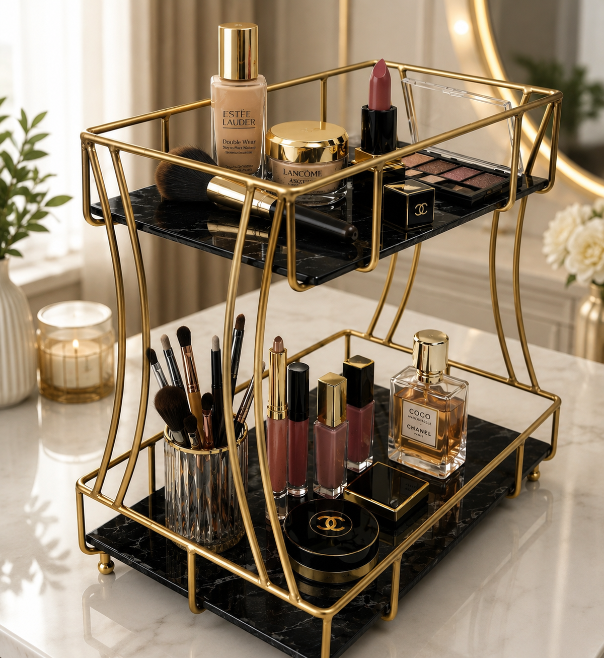 Luxury 2-Tier Marble Cosmetic Organizer Stand – Gold Frame Vanity Shelf