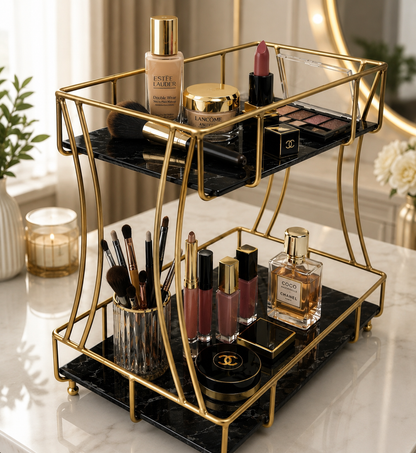 Luxury 2-Tier Marble Cosmetic Organizer Stand – Gold Frame Vanity Shelf