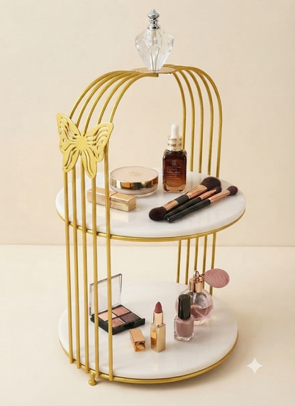 Butterfly 2 Layers Cage Vanity Organizer – Elegant Gold Makeup & Perfume Display Stand