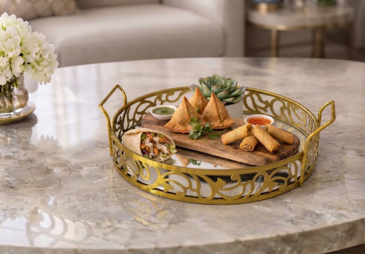 Luxury Golden Round Mirror Tray with Handles