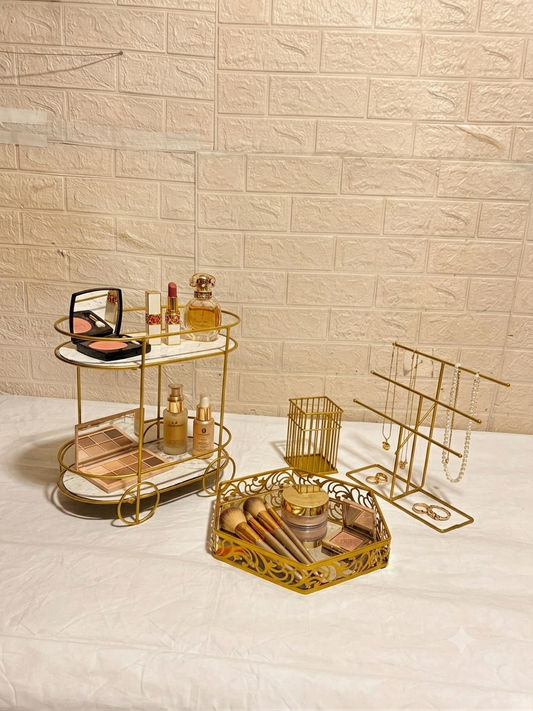Deal No 4-Luxury Gold Vanity Organizer - 4 Pcs Makeup & Jewelry Storage Set