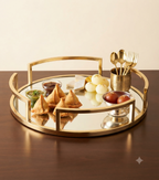 Perfume Plate Round Tray with Gold Metal & Glass – Elegant Vanity Organizer
