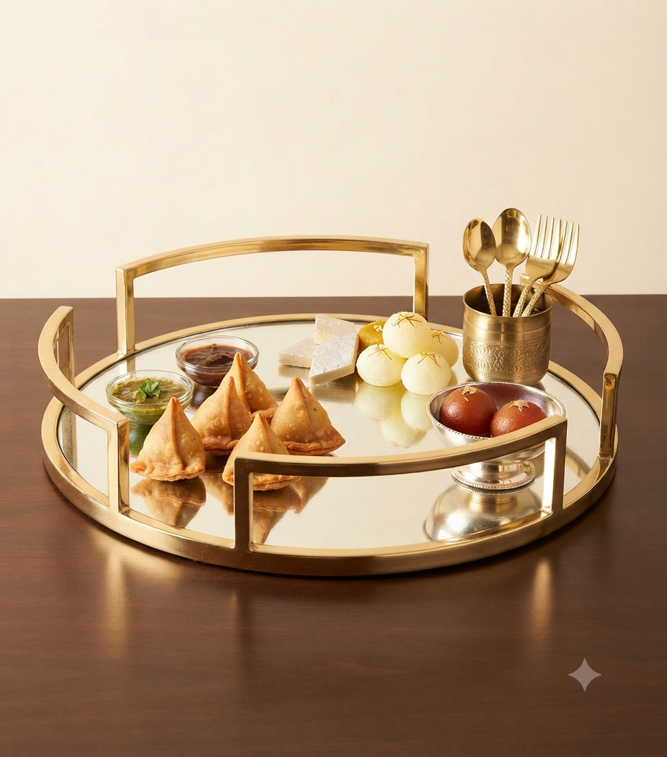 Perfume Plate Round Tray with Gold Metal & Glass – Elegant Vanity Organizer