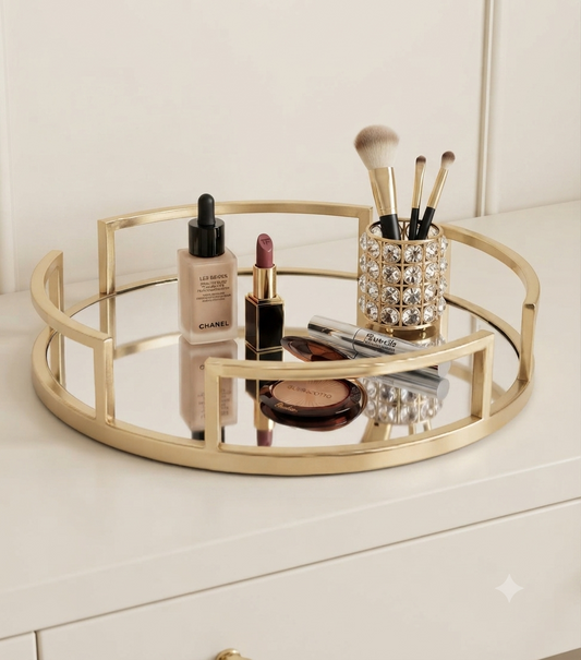 Perfume Plate Round Tray with Gold Metal & Glass – Elegant Vanity Organizer