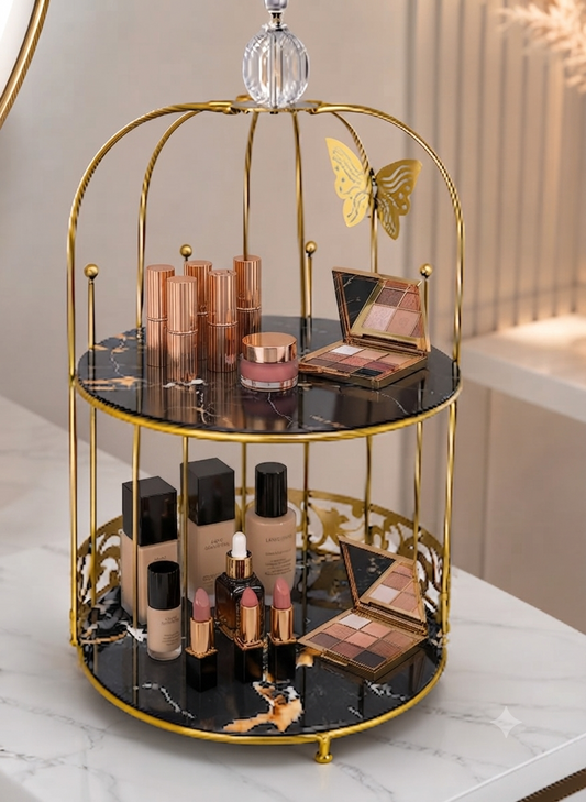 Butterfly 2 Layers Vanity Cage Organizer – Luxury Gold Makeup & Perfume Storage Stand
