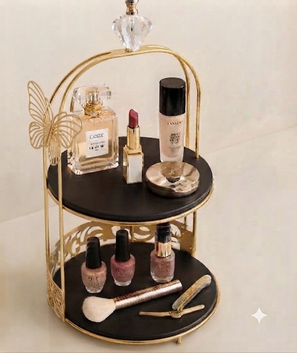 Butterfly 2 Layers Vanity Cage Organizer – Elegant Gold Makeup & Perfume Storage Stand