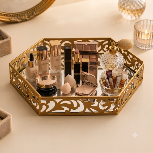 Hexagonal Cosmetics & Serving Mirror Tray – Luxury Vanity Organizer & Decorative Display Tray