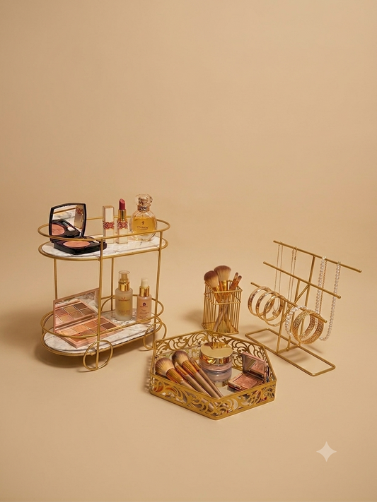 Deal No 4-Luxury Gold Vanity Organizer - 4 Pcs Makeup & Jewelry Storage Set