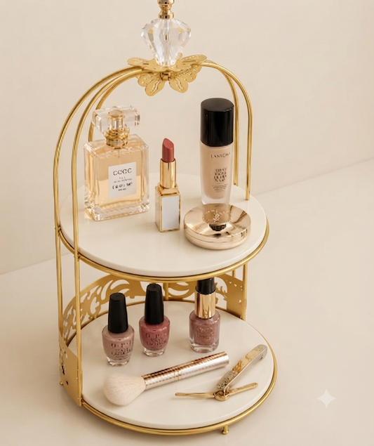 Butterfly 2 Layers Vanity Cage Organizer – Elegant Gold Makeup & Perfume Storage Stand