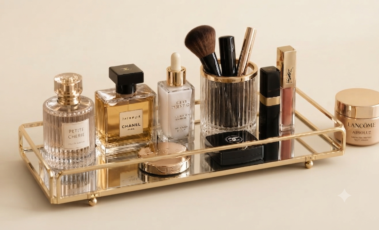 Cosmetics Organizer Tray with Mirror – Elegant Vanity Storage & Decorative Serving Tray for Food Display