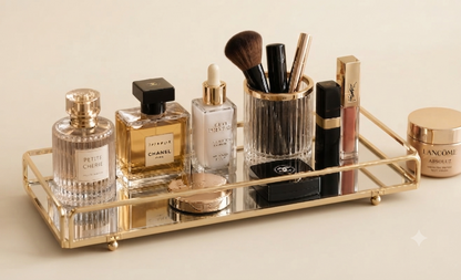 Cosmetics Organizer Tray with Mirror – Elegant Vanity Storage & Decorative Serving Tray for Food Display