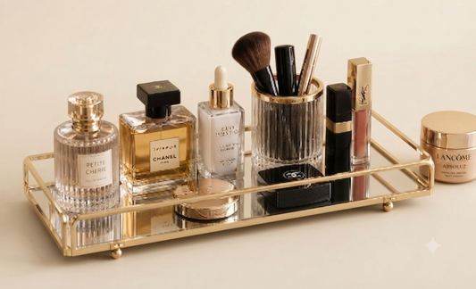Cosmetics Organizer Tray with Mirror – Elegant Vanity Storage & Decorative Serving Tray for Food Display