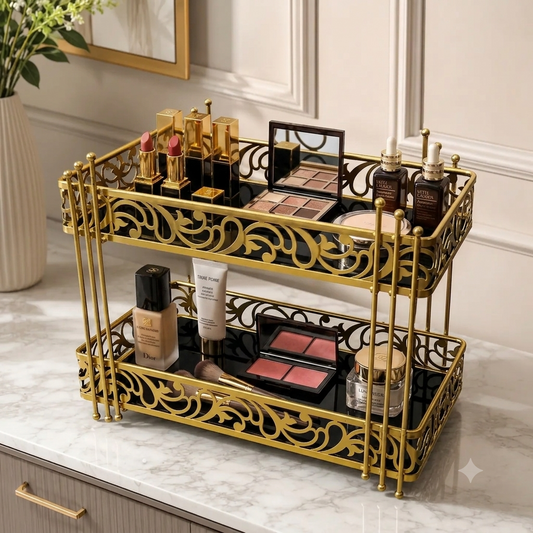 Luxury 2-Tier Gold Cosmetic Organizer Tray – White & Black Marble Design