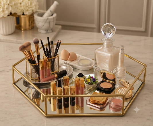 Hexagonal Cosmetics & Serving Mirror Tray – Luxury Vanity Organizer & Decorative Display Tray