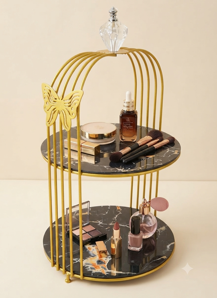 Butterfly 2 Layers Cage Vanity Organizer – Elegant Gold Makeup & Perfume Display Stand