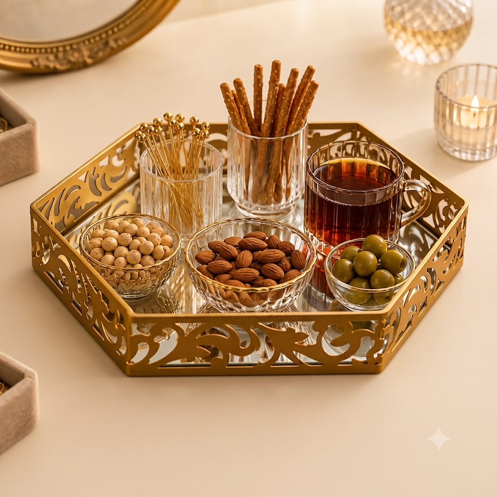 Hexagonal Cosmetics & Serving Mirror Tray – Luxury Vanity Organizer & Decorative Display Tray