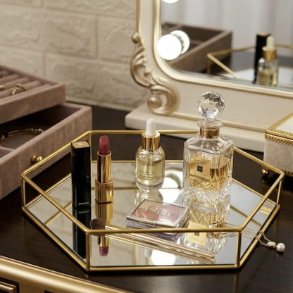 Hexagonal Cosmetics & Serving Mirror Tray – Luxury Vanity Organizer & Decorative Display Tray