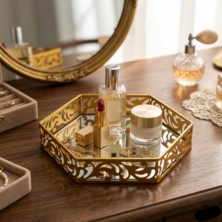 Hexagonal Cosmetics & Serving Mirror Tray – Luxury Vanity Organizer & Decorative Display Tray