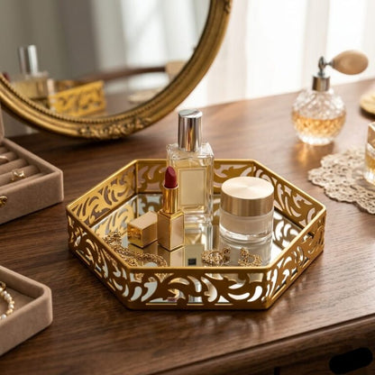 Hexagonal Cosmetics & Serving Mirror Tray – Luxury Vanity Organizer & Decorative Display Tray