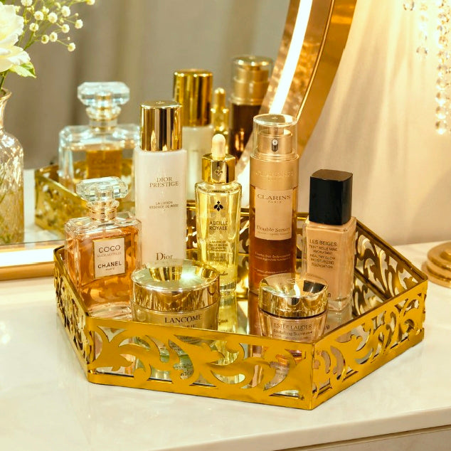 Hexagonal Cosmetics & Serving Mirror Tray – Luxury Vanity Organizer & Decorative Display Tray