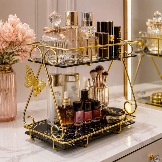 2 Layers Vanity Organizer Stand – Elegant Multi-Purpose Cosmetic & Skincare Storage Rack