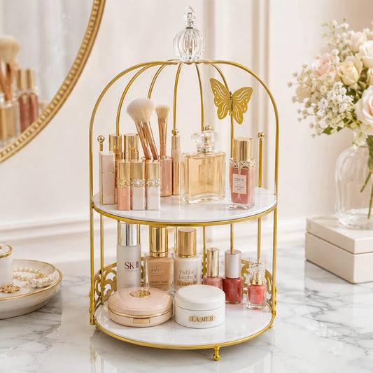 Butterfly 2 Layers Vanity Cage Organizer – Luxury Gold Makeup & Perfume Storage Stand