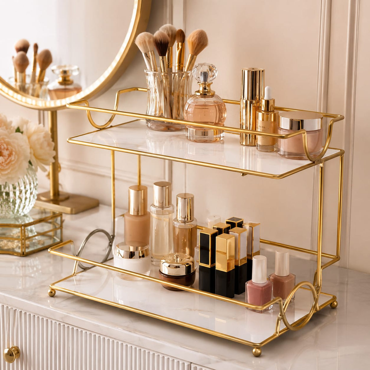 2 Layers Cosmetics Organizer for Dressing Table – Elegant Makeup & Skincare Storage Rack