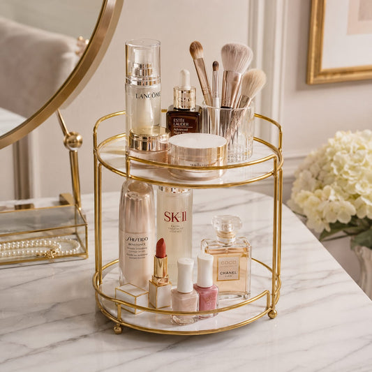2 Layers Cosmetics Makeup Organizer Stand – Elegant Vanity Storage Rack for Makeup, Skincare & Perfumes