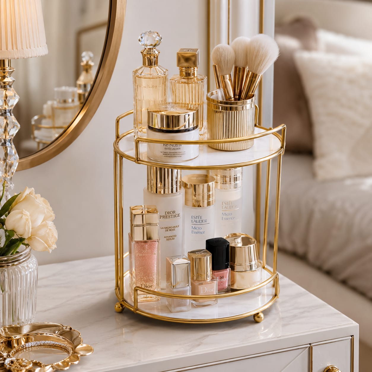 2 Layers Cosmetics Makeup Organizer Stand – Elegant Vanity Storage Rack for Makeup, Skincare & Perfumes