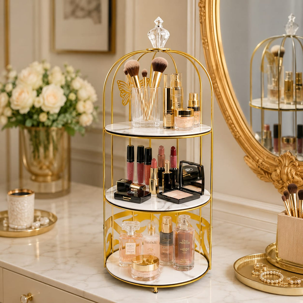 3 Layers Cage Cosmetics Storage Organizer – Multi-Tier Makeup & Skincare Storage Rack for Vanity, Bathroom & Dressing Table