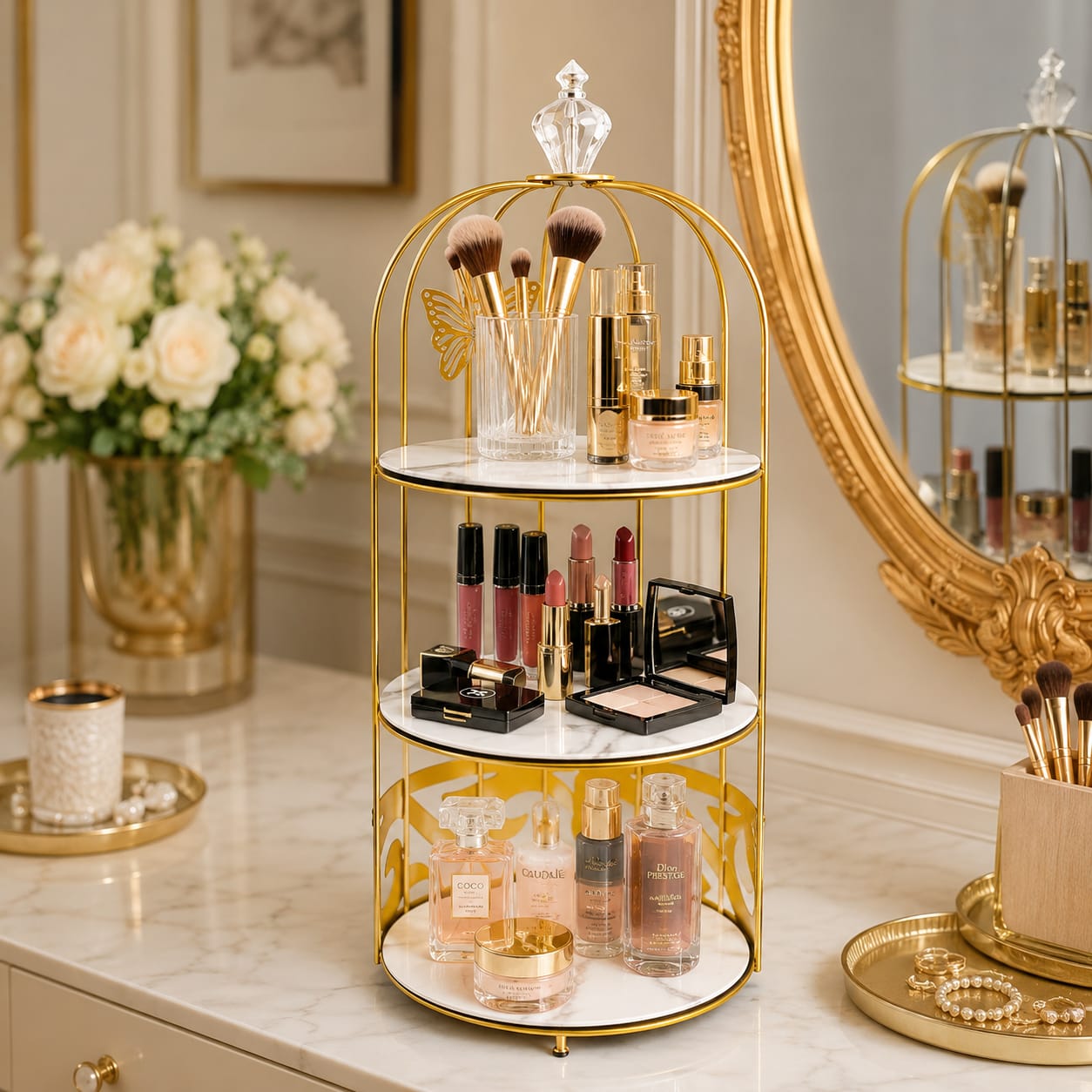 3 Layers Cage Cosmetics Storage Organizer – Multi-Tier Makeup & Skincare Storage Rack for Vanity, Bathroom & Dressing Table
